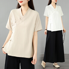 批发夏棉麻汉服女禅意上衣茶艺禅茶服中式短袖开衫居士服<b class='q'>套装</b>