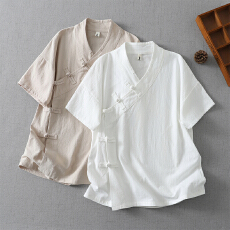 批发棉麻短袖宽松太极服斜襟中式上衣禅意素衣练功服