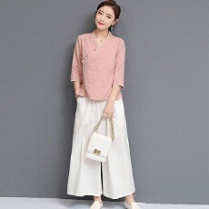 批发中式改良唐装上衣女禅修打坐居士服中国风禅意<b class='q'>棉麻</b>茶艺服套装