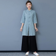 批发棉麻唐装女中长上衣新中式国风茶<b class='q'>服</b>套装居士<b class='q'>服</b>禅意佛系工作<b class='q'>服</b>套装