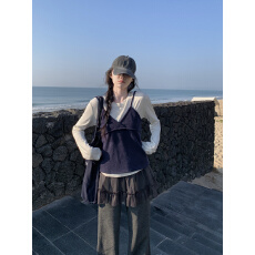 批发实拍新款<b class='q'>韩版</b>叠穿长袖打底衫吊带针织衫网纱拼接加绒阔腿裤三件套