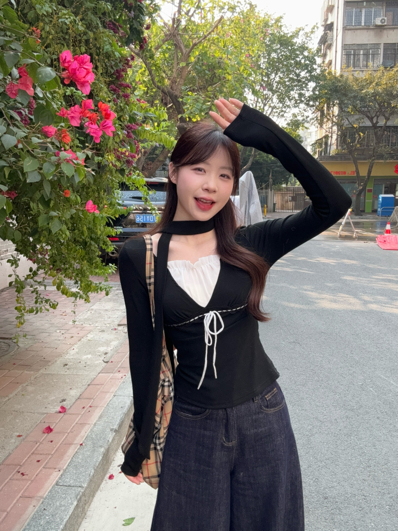 실사 2026 봄 부드러운 검정색 긴팔 달콤함 레이스 페이크 레이어드 나비 매듭 목도리 순수한 욕망 인사이드 가져 가라. 티셔츠