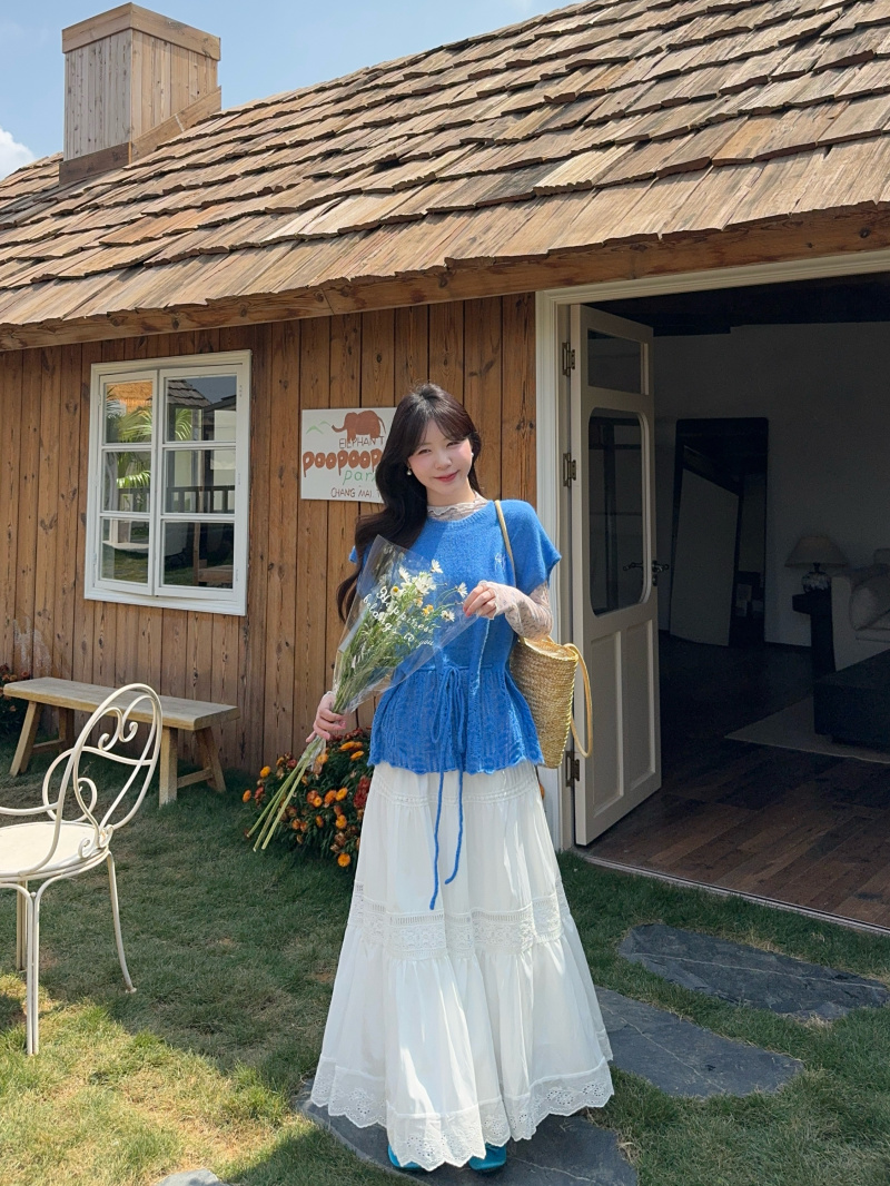 실사 정가 봄 니트 반팔 맨위 여성 작은 날다 소매 스웨터 꽃무늬 망사 기본 셔츠 롱 스커트 세트