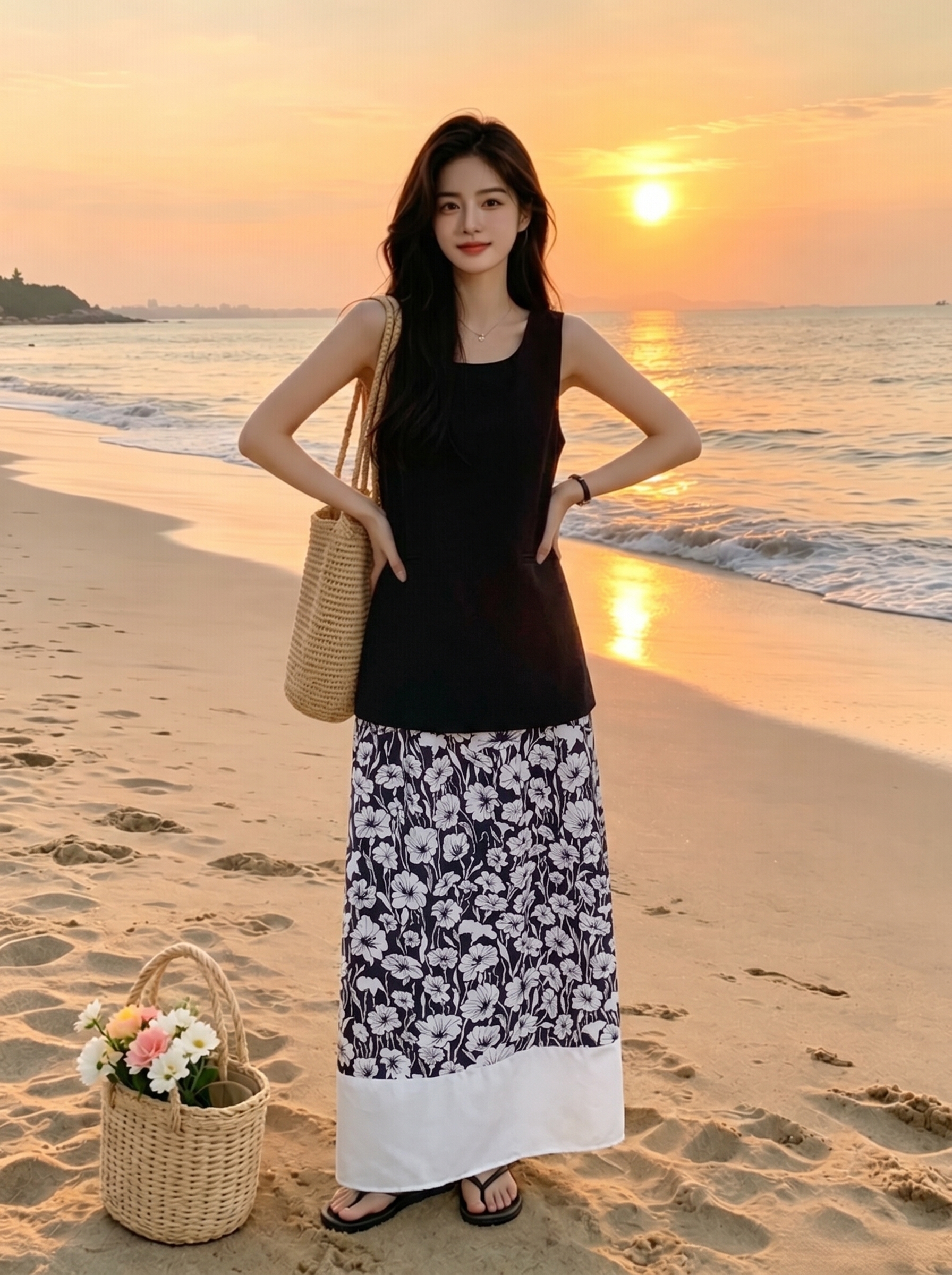 실사 정가 새로운 한 부서 착용 가져 가라. 세트 완료 검정색 민소매 맨위 꽃무늬 반신 스커트 소금 부서 빛 요리 한 투피스 세트