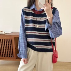 批发实拍春秋新款减龄条纹撞色针织女宽松圆领学院风无袖毛衣马甲上衣