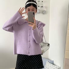 批发实拍#小财神新款蕾丝边甜美大翻领海军领学院风毛衣外套高品质女