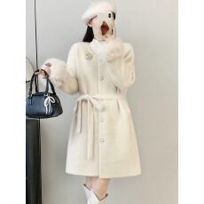 批发水貂毛花朵<b class='q'>甜美</b>气质中长款收腰系带外套大衣开衫