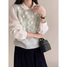 批发韩系<b class='q'>甜美</b>风立体花朵针织马甲背心女秋季新款宽松叠穿百搭毛衣马夹