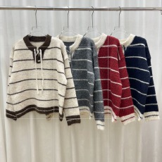 批发冬新款<b class='q'>时尚</b><b class='q'>休闲</b>系绳圆领条纹拼色宽松洋气百搭针织毛衣针织衫女