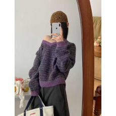 批发实拍#2025韩系慵懒V领撞色条纹亮片针织衫女秋冬加厚毛衣