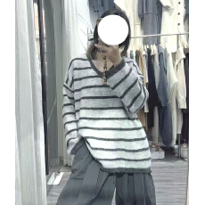 批发韩国<b class='q'>东大门</b><b class='q'>代购</b>时尚秋冬V领条纹宽松休闲长袖针织衫毛衣女