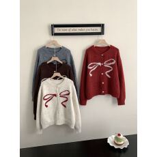 批发实拍<b class='q'>韩版</b>蝴蝶结钉珠提花针织开衫女春装新款百搭学院风毛衣外套