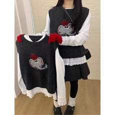 批发韩版圆领苹果象卡通提花马甲女秋冬显瘦洋气百搭棉衬衫马夹两件套