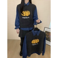 批发韩系南瓜提花针织衫马甲女＋翻领单排扣牛仔衬衫上衣两件套女