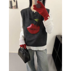 批发韩系春季新款圆领苹果提花<b class='q'>背心</b>马甲女+花边拼接T恤打底衫两件套