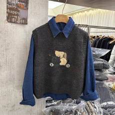 批发韩系小狗提花设计感针织马甲叠穿翻领牛仔衬衣两件套