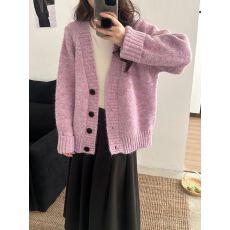 批发紫色毛衣外套女秋冬新款<b class='q'>韩版</b>宽松慵懒风加厚高级感毛针织开衫