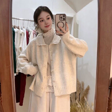 批发春甜美少女风蕾丝花边娃娃领针织开衫女减龄学生百搭软糯毛衣外套
