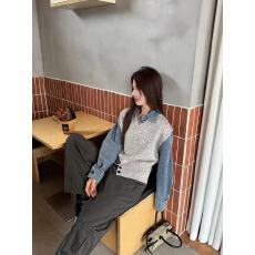 批发实拍#v领毛衣<b class='q'>马甲女</b>士早秋<b class='q'>牛仔</b>衬衣搭配针织背心叠穿假两件