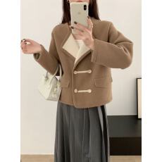 批发<b class='q'>实拍</b>韩系高品质连帽毛呢双排扣外套女秋冬针织别致气质两面穿上衣