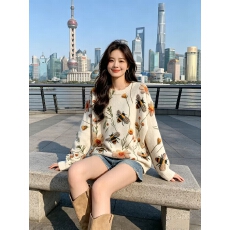 批发3D印花镶钻休闲宽松毛衣女秋冬新款<b class='q'>欧美</b>套头圆领针织衫上衣打底衫