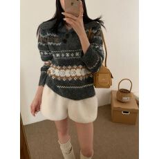 批发实拍复古撞色提花翻领毛衣女新款秋冬软糯慵懒高级感韩系针织上衣