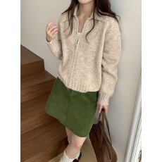 批发慵懒复古花线杂色翻领毛衣外套女宽松秋冬拉链软糯针织开衫厚上衣