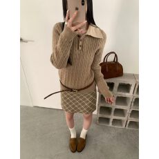 批发复古老钱感麻花POLO针织衫女秋冬<b class='q'>长袖</b>外穿毛衣修身短款软糯上衣