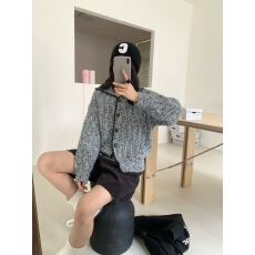 批发韩系复古翻领特种彩点纱针织开衫女秋冬宽松慵懒风高级感毛衣外套