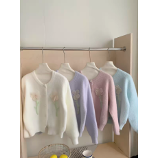 批发韩系立体花朵水貂毛<b class='q'>外套女</b>秋冬新款小香风短款软糯针织开衫上衣
