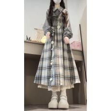 批发秋冬搭配一整套法式温柔穿搭灰色罩衫叠穿格纹长裙<b class='q'>连衣裙</b>减龄套装