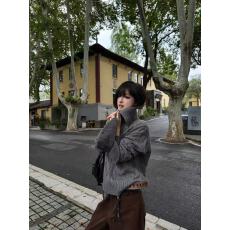 批发复古麻花高领<b class='q'>毛衣</b>男<b class='q'>女</b>冬季高级感慵懒风宽松针织衫半开领内搭上衣