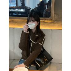 批发小香风撞色围巾领<b class='q'>毛衣</b>开衫女秋冬加厚宽松慵懒风<b class='q'>短款</b>针织