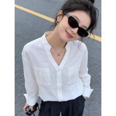 批发日系松弛感复古老钱风立领<b class='q'>棉麻</b>长袖衬衫春小资通勤白色百搭上衣套