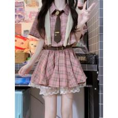 韩系粉色学院风格子衬衫连衣裙子女2026新款夏季收腰显瘦百褶短裙