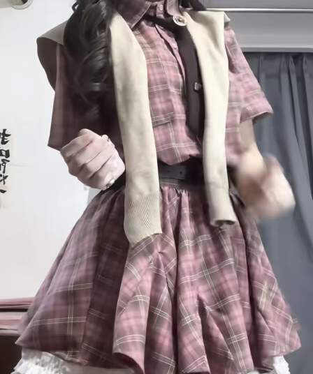 화이트 작은 물고기 오리지널 한 부서 레트로 학원 스타일 격자 무늬 셔츠 여성 드레스 봄 가을 허리 수축 한 마디 플리츠 치마