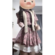 白小鱼原创韩系复古学院风格子衬衫连衣裙女春秋收腰a字百褶裙子