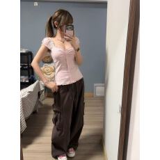 批发甜美风蜜桃粉泡泡袖短袖<b class='q'>t</b><b class='q'>恤</b>女夏季2026新款<b class='q'>修身</b>方领<b class='q'>衬衫</b>花边上衣