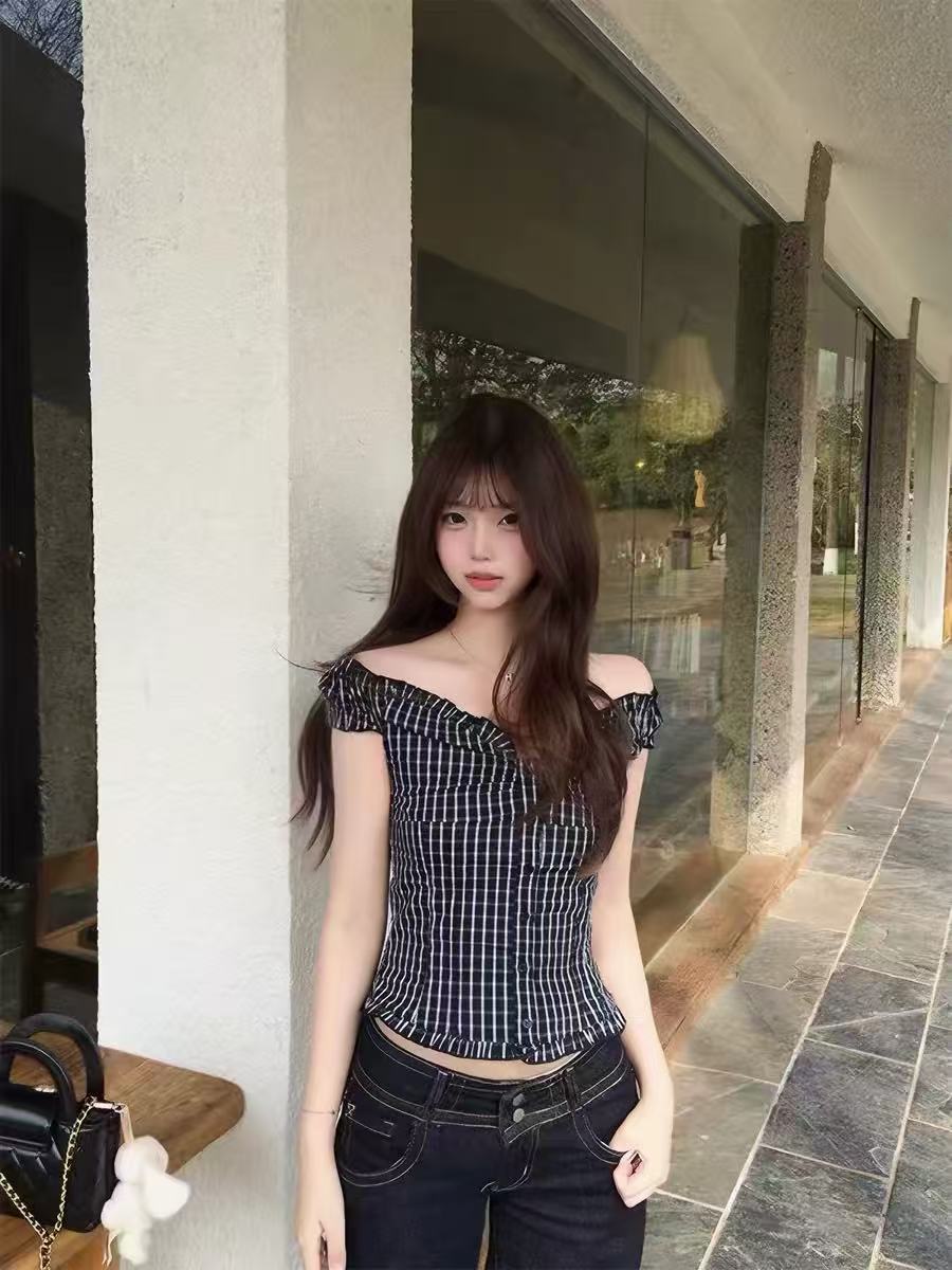 한 부서 레트로 흑인과 백인 체크무늬 오프숄더 여성 셔츠 여름 둘 착용 오프숄더 몸매 가꾸기 슬림해 보이는 핫걸 쇼트 스타일 맨위