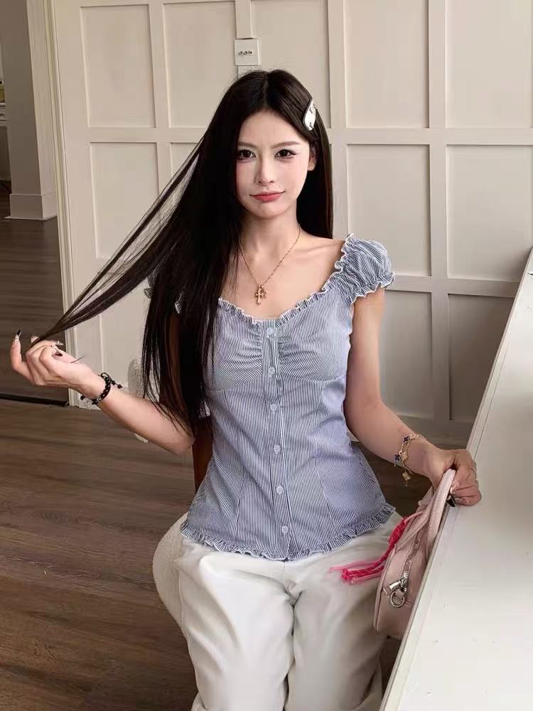 작은 갈매기 순수한 욕망 V넥 반팔 여성 셔츠 여름 프랑스식 달콤함 허리 수축 슬림해 보이는 맨위