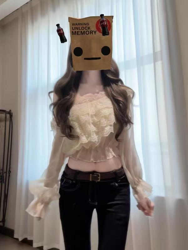 프랑스식 섹시함 오프숄더 프릴 레이스 셔츠 맨위 여성 디자인 센스 오프숄더 쉬폰 셔츠 작은 셔츠 여름