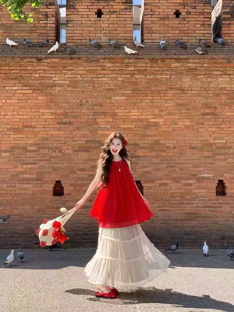 해변가 착용 가져 가라. 휴가 바람 레트로 빨간색 슬립 드레스 자이언트 잘 생긴 특별 아름다운 루즈핏 해변 작은 치마