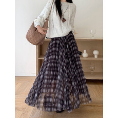批发实拍实价~2026新款韩版格纹a字半身裙<b class='q'>复古</b>高腰长款不规则伞裙女