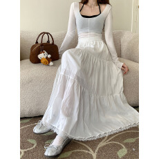 批发实拍2026新款韩版设计感褶皱<b class='q'>长裙</b>拼接蕾丝花边大摆裙半身裙