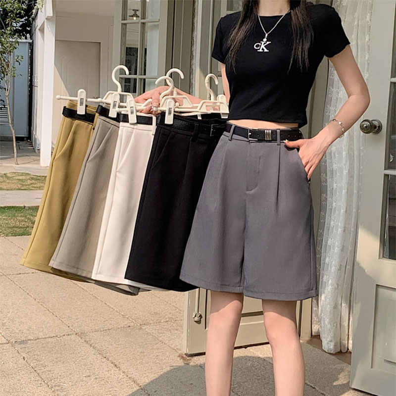 실사 새로운 한국 스타일 인터넷 유명인 폭발 오부 바지 중성 정장 반바지 캐주얼 스트레이트 바지 여성 있음 벨트
