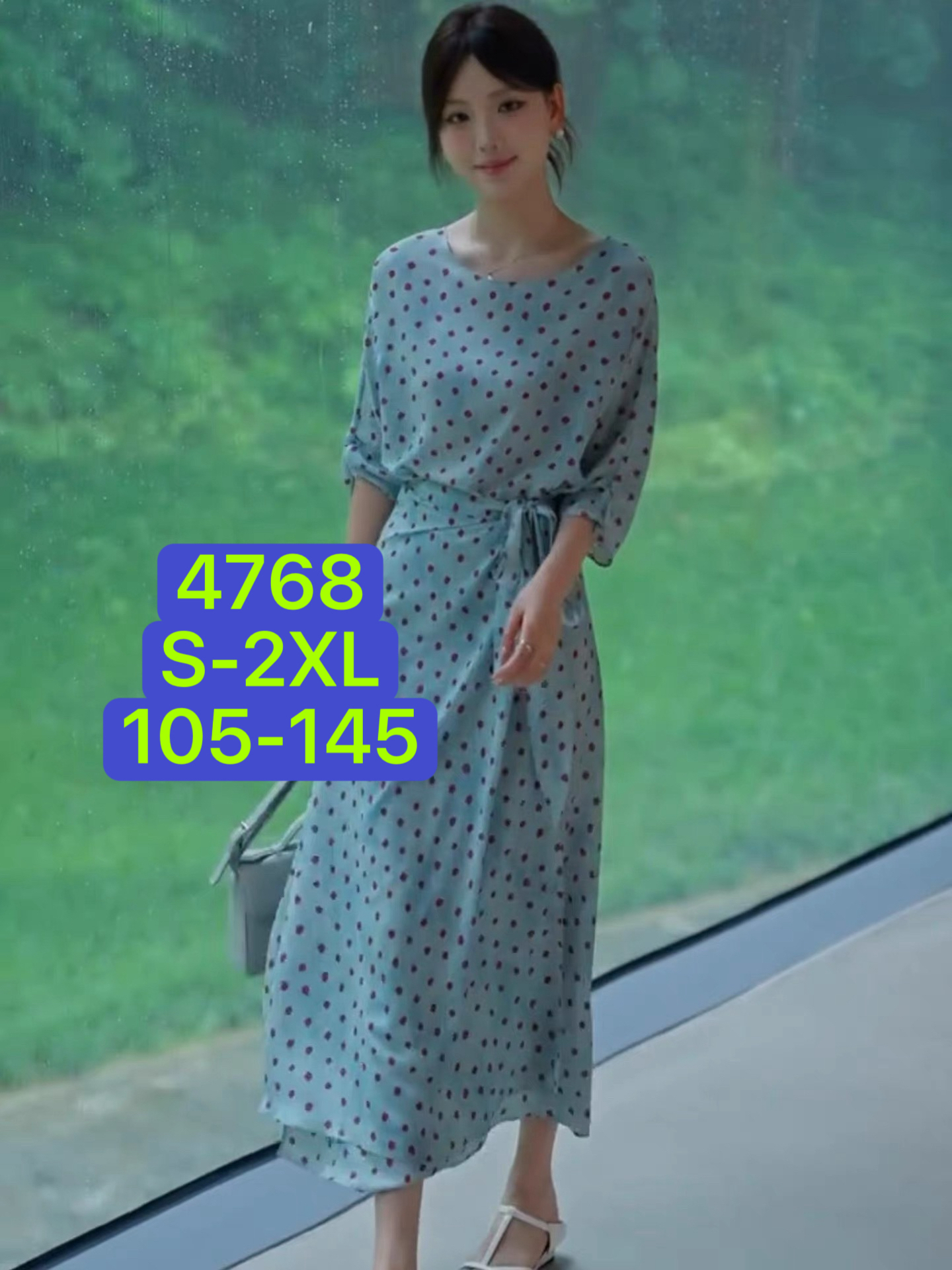 블루스 빨간색 도트 무늬 하늘색 바닥 신선함 도트 무늬 프린트 드레스