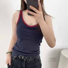 批发藏青色拼色吊带<b class='q'>背心女</b>带胸垫修身显瘦小众洋气打底上衣