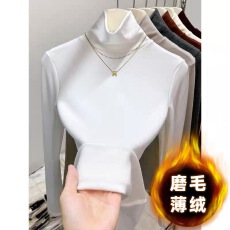 批发高领白色内搭磨毛打底衫女秋冬季新款堆堆领加绒长袖上衣<b class='q'>修身</b>T恤