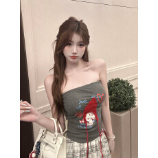 批发美式辣妹风卡通印花抹胸女<b class='q'>夏</b>款褶皱收腰裹胸背心外穿带胸垫小上衣