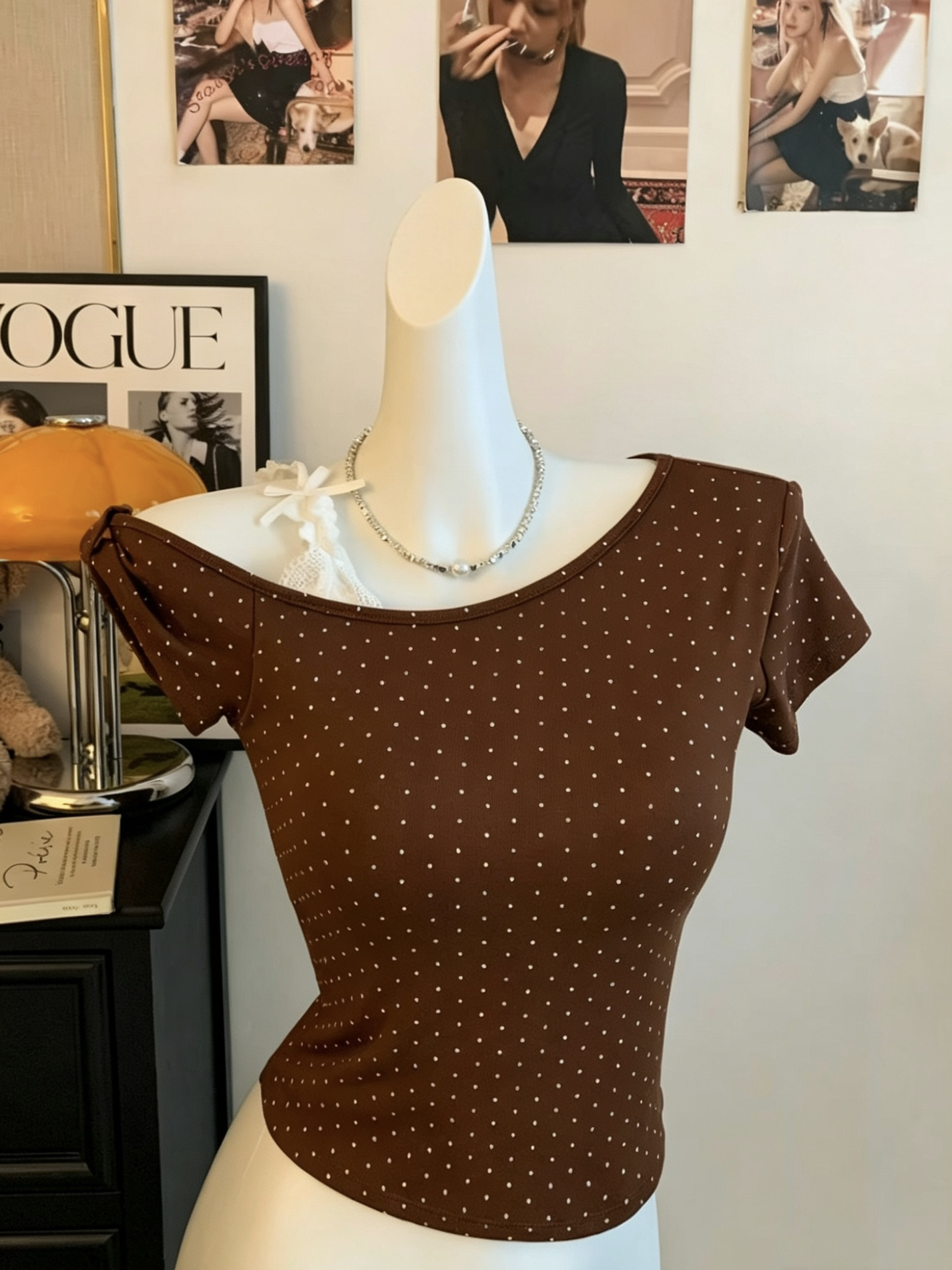 高级感波点短袖T恤女夏季新款修身显瘦百搭短款上衣   服裝批發女裝批發服飾貨源
